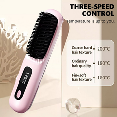 Pink Hair Straightener Brush Travel Mini Rechargeable Hair Styler Fast Heating