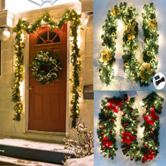 Gloden 9FT Xmas Christmas Garland Artificial Wreath with LED Lights Stairs Home Rattan