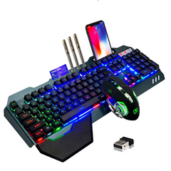 104 Keys Wireless Gaming Keyboard Mouse Set+Mouse Pad, RGB LED Backlit PC/Laptop Black-Rainbow