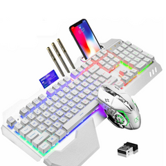 104 Keys Wireless Gaming Keyboard Mouse Set+Mouse Pad, RGB LED Backlit PC/Laptop White-RGB