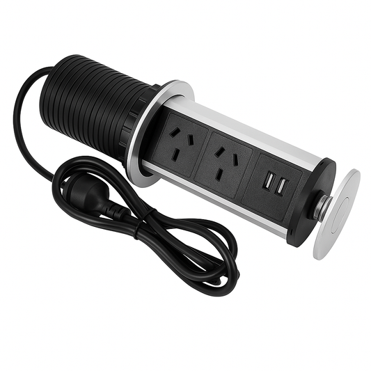 Pop Up Power Point 3 Socket Plug + 2 USB Table Home Kitchen Desk Outlet