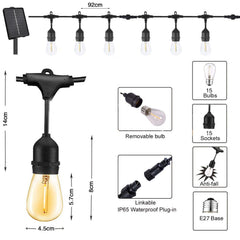 Solar Power 15LED 48FT Festoon String Lights Wedding Party Lights Waterproof