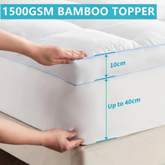 1500GSM Bamboo Mattress Topper Extra Thick 10CM Bed Topper Double: 137 x 191 + 40 cm