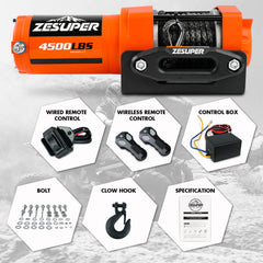 4500lb Electric Winch 12V Synthetic Rope Wireless RemoteX2 ATV Winch Kit Boat Winch UTV 4WD Orange