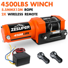 4500lb Electric Winch 12V Synthetic Rope Wireless RemoteX2 ATV Winch Kit Boat Winch UTV 4WD Orange