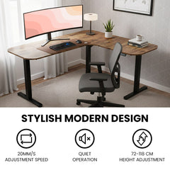 FORTIA Corner Standing Desk, 160x140cm, 72-118cm Sit to Stand Up Electric Height Adjustable, Walnut Style Desktop/Black Frame