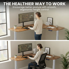 FORTIA Corner Standing Desk, 160x140cm, 72-118cm Sit to Stand Up Electric Height Adjustable, Walnut Style Desktop/Silver Frame