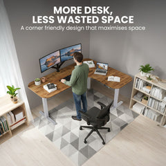 FORTIA Corner Standing Desk, 160x140cm, 72-118cm Sit to Stand Up Electric Height Adjustable, Walnut Style Desktop/Silver Frame