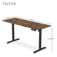 FORTIA Sit to Stand Standing Desk, 160x60cm, 72-118cm Electric Height Adjustable, Walnut Style Desktop/Black Frame