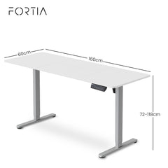 FORTIA Sit to Stand Standing Desk, 160x60cm, 72-118cm Electric Height Adjustable, White Desktop/Silver Frame