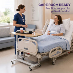 EQUIPMED Overbed Table with Gas Lift, 15kg Load, Steel Frame, 78-107cm Adjustable Height, Lockable Castors, Home Care Use