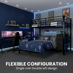 KINGSTON SLUMBER Metal Single Loft Bed And Double Underbed Frame, Multifunctional, Space Saving with Fixed Ladder, Matte Dark Grey