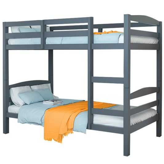 Gray L-shaped bunk bed with blue bedding and an orange blanket on a white background.