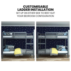 KINGSTON SLUMBER Single Bunk Bed Frame, Solid Pine 2-in-1 Modular Design, Converts to 2 Single Beds, For Kids, Grey
