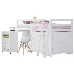 KINGSTON SLUMBER Wooden Kids Single Loft Bed Frame with Pull Out Desk, Storage Drawers, Cabinet - White