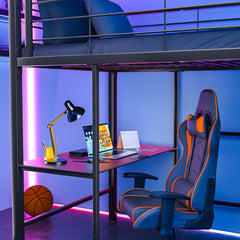 Gaming Loft Bed with Desk and Storage Cabinet, Steel Metal Frame, Space Saving Design, for Single Mattress, Matte Dark Grey