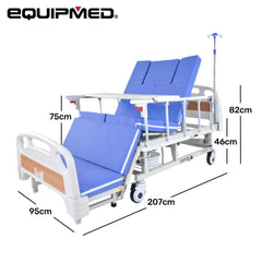 EQUIPMED 7 Function Medical Bed, w/ Mattress & Over Bed Table, Adjustable Back and Leg Lifting, Lateral Tilting, Commode Bowl, IV Pole