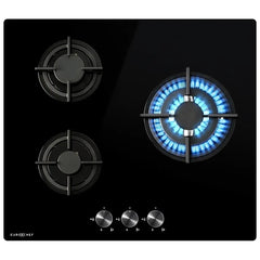 EUROCHEF 60cm 3 Burner Gas Cooktop, with Wok Burner, Tempered Glass, Natural Gas & LPG, Black