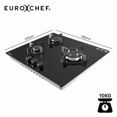 EUROCHEF 60cm 3 Burner Gas Cooktop, with Wok Burner, Tempered Glass, Natural Gas & LPG, Black