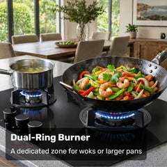 EUROCHEF 60cm 3 Burner Gas Cooktop, with Wok Burner, Tempered Glass, Natural Gas & LPG, Black