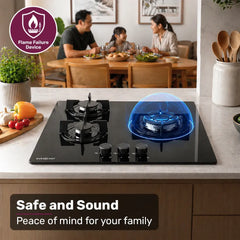 EUROCHEF 60cm 3 Burner Gas Cooktop, with Wok Burner, Tempered Glass, Natural Gas & LPG, Black