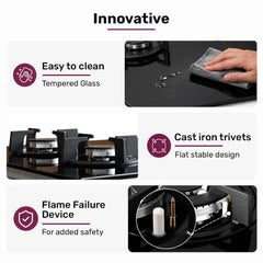 EUROCHEF 60cm 3 Burner Gas Cooktop, with Wok Burner, Tempered Glass, Natural Gas & LPG, Black