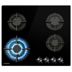 EUROCHEF 60cm 4 Burner Gas Cooktop, with Wok Burner, Tempered Glass, Natural Gas & LPG, Black