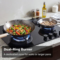 EUROCHEF 60cm 4 Burner Gas Cooktop, with Wok Burner, Tempered Glass, Natural Gas & LPG, Black