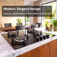 EUROCHEF 60cm 4 Burner Gas Cooktop, with Wok Burner, Tempered Glass, Natural Gas & LPG, Black
