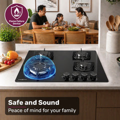 EUROCHEF 60cm 4 Burner Gas Cooktop, with Wok Burner, Tempered Glass, Natural Gas & LPG, Black