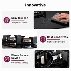 EUROCHEF 60cm 4 Burner Gas Cooktop, with Wok Burner, Tempered Glass, Natural Gas & LPG, Black