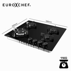 EUROCHEF 60cm 4 Burner Gas Cooktop, with Wok Burner, Tempered Glass, Natural Gas & LPG, Black