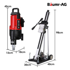 BAUMR-AG 3200W 300mm Wet/Dry Core Drill w/ Wheeled Rig Stand Combo, for Concrete Coring Hole Drilling