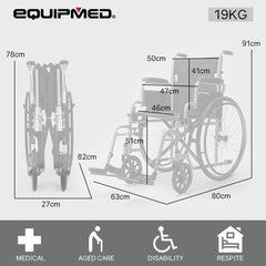 EQUIPMED 24 Inch Folding Wheelchair Lightweight Portable for Elderly and Disabled, Grey