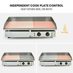 THERMOMATE Commercial Electric Griddle TH-G06, 4400W 73x40cm Half Ribbed Dual Surface