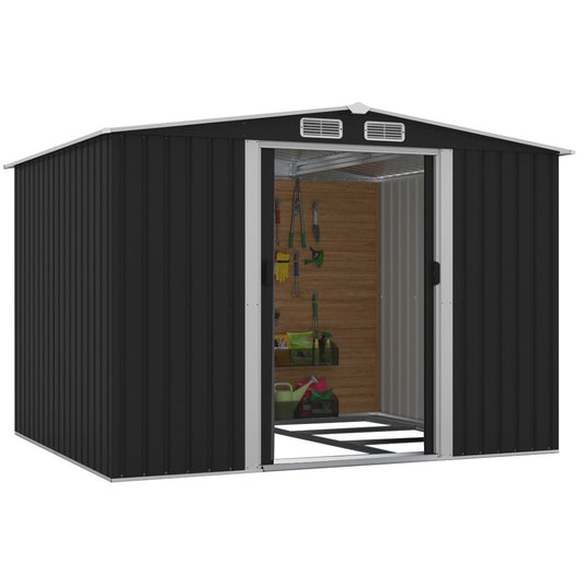 PLANTCRAFT Galvanised Steel Garden Shed 2.58 x 2.07 x 2.02m, with 2 Sliding Doors, 4 Air Vents, Gable Roof, Floor Frame, Black