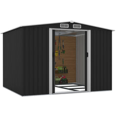 PLANTCRAFT Galvanised Steel Garden Shed 2.58 x 2.07 x 2.02m, with 2 Sliding Doors, 4 Air Vents, Gable Roof, Floor Frame, Black