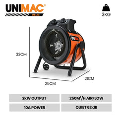 UNIMAC 2kW Industrial Electric Space Fan Heater, Tilt Angle, Fast Heating, 2 Heat Settings, Portable for Workshop and Garage Use