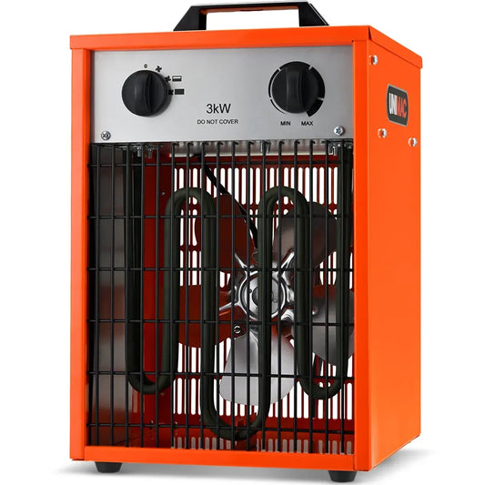 UNIMAC 3kW Industrial Electric Fan Heater, 15A, Adjustable Thermostat, 2 Heat Settings, Fast Heating, Compact Portable Box Design for Workshop and Garage Use