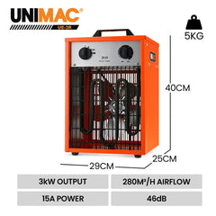 UNIMAC 3kW Industrial Electric Fan Heater, 15A, Adjustable Thermostat, 2 Heat Settings, Fast Heating, Compact Portable Box Design for Workshop and Garage Use