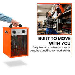 UNIMAC 3kW Industrial Electric Fan Heater, 15A, Adjustable Thermostat, 2 Heat Settings, Fast Heating, Compact Portable Box Design for Workshop and Garage Use