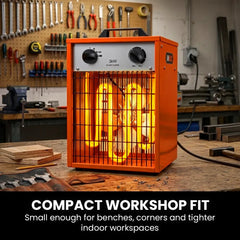 UNIMAC 3kW Industrial Electric Fan Heater, 15A, Adjustable Thermostat, 2 Heat Settings, Fast Heating, Compact Portable Box Design for Workshop and Garage Use