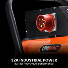 UNIMAC 15kW Portable Industrial Electric Space Fan Heater, 32A 3 Phase, Wheel Mounted, Adjustable Thermostat, High Power for Workshop and Warehouse Use