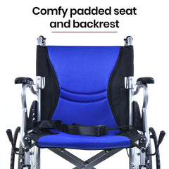EQUIPMED Folding Aluminium Wheelchair, 20" Wheels, Park Brakes, 100kg Capacity, Blue