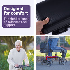 Equipmed Knee Scooter Walker, Dual Brakes - Bag - Broken Leg Ankle Foot Mobility - Crutches Alternative - Red
