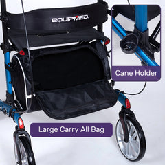 EQUIPMED Upright Rollator Walker with Forearm Support Rests, Mobilty Aid with Seat, Blue