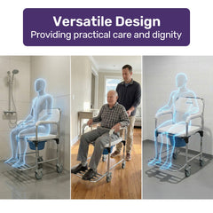 Equipmed Commode Shower Chair, Over Toilet or Bedside 136kg Capacity Aluminium frame with Wheels, White/Blue