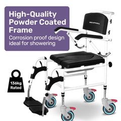 Equipmed Commode Shower Chair, Over Toilet or Bedside 136kg Capacity Aluminium frame with Wheels, Black