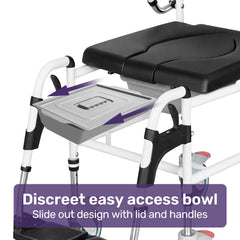 Equipmed Commode Shower Chair, Over Toilet or Bedside 136kg Capacity Aluminium frame with Wheels, Black