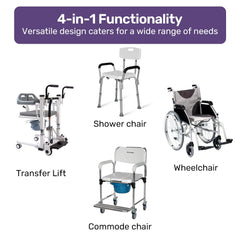 Equipmed Patient Lift Transfer Chair, Easy Hydraulic Height Adjustment, Shower Compatible, Over Toilet, Removable Commode, for Seniors Elderly Disabled